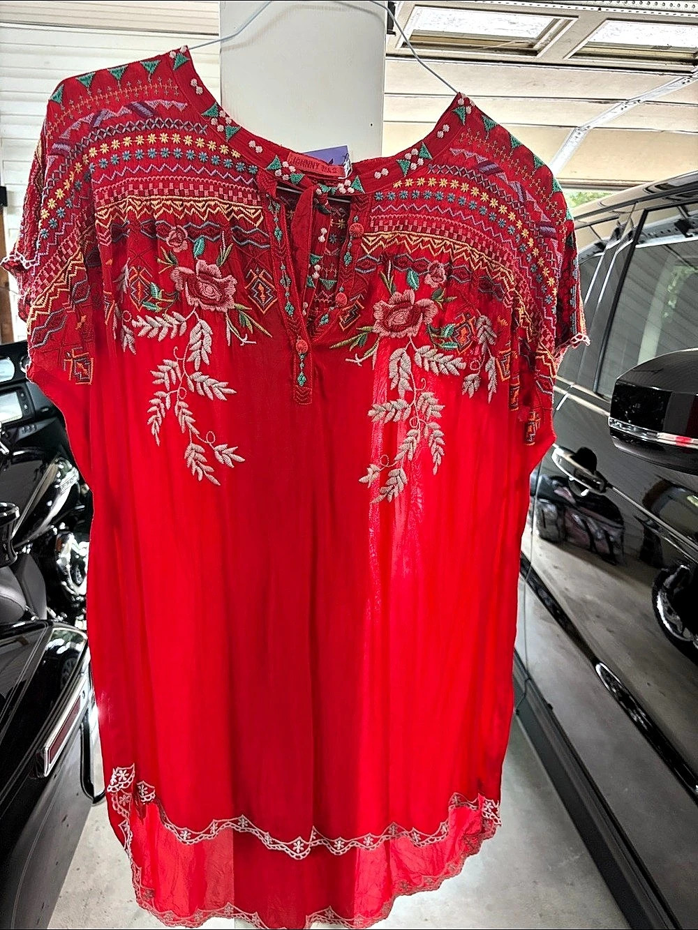 Johnny Was Floral Embroidered Mini Dress in Red